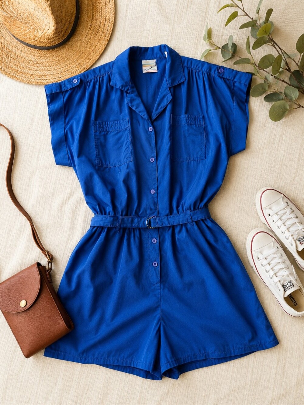 Vintage 80s Cobalt Blue Romper Belted Utility Playsuit